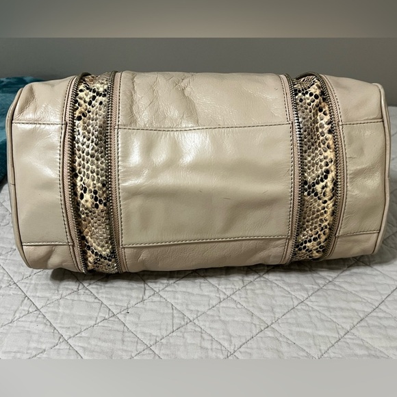 Badgely Mischa Vintage Crème Leather Boston Bag Satchel Expandable Snakeskin - Picture 2 of 10